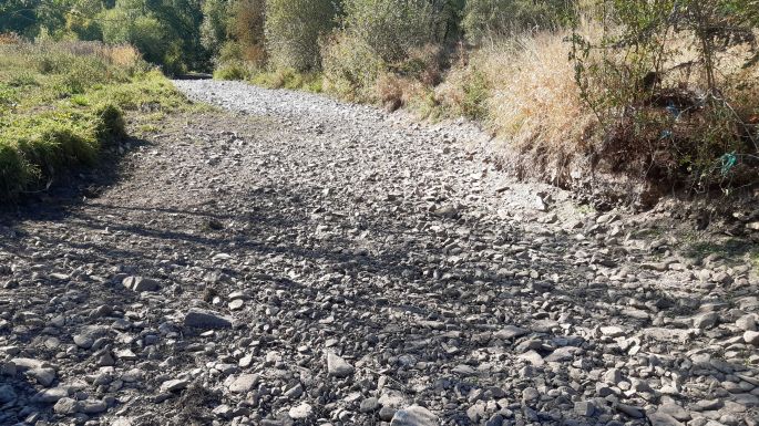 Ein ausgetrocknetes Flussbett im Sommer