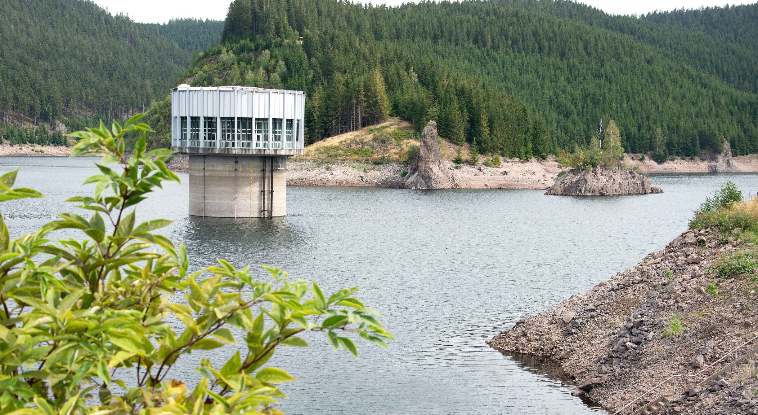 Blick auf den Stausee und Wasserentnahmeturm der Talsperre Schmalwasser im Thüringer Wald